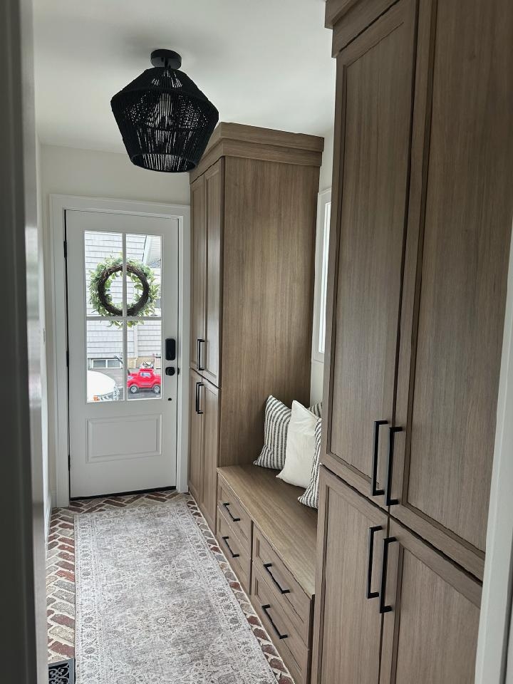 Wood Finish, Entryway Mudroom with Sitting Area