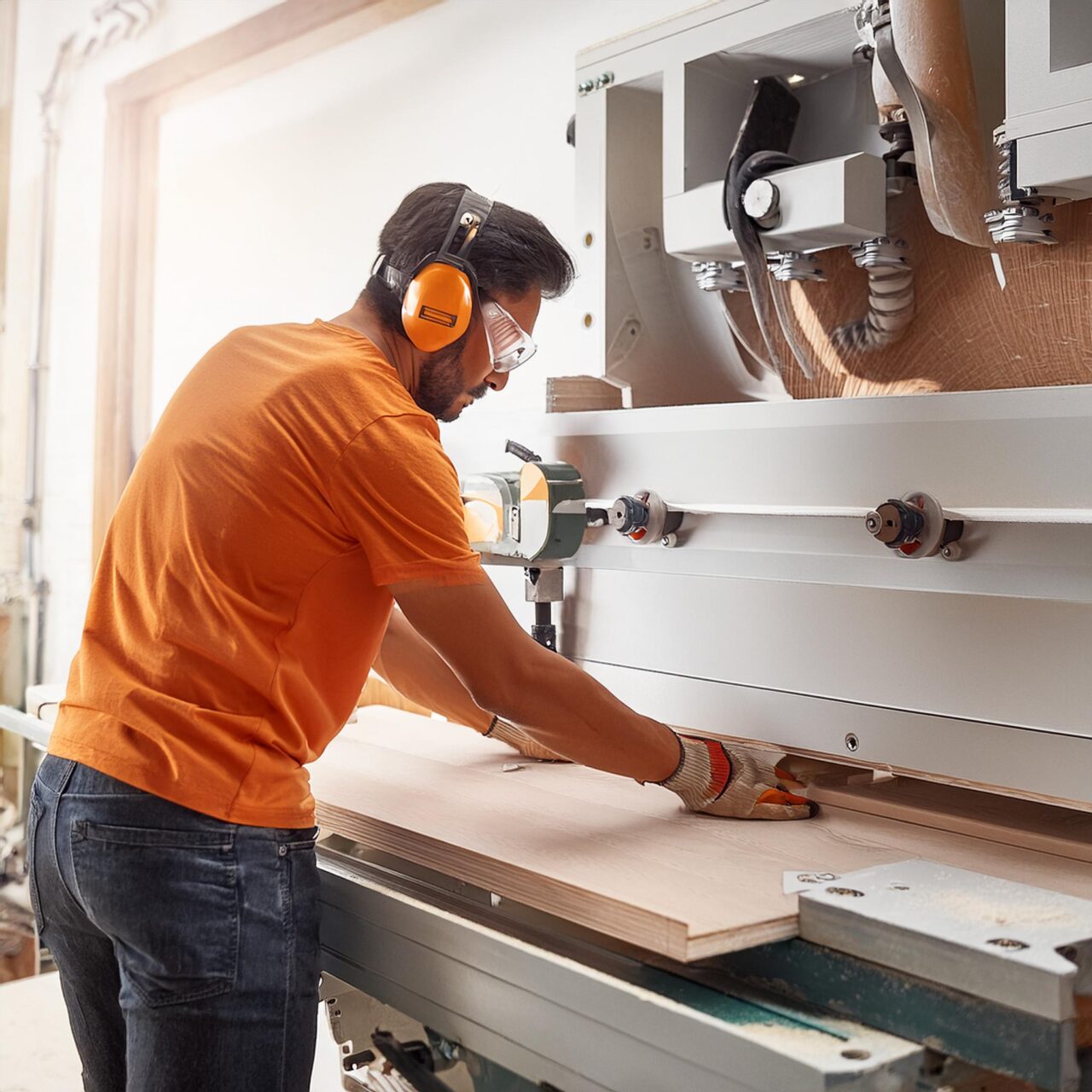 Firefly cabinet factory, with close up shot working on surfacing machine wearing orange