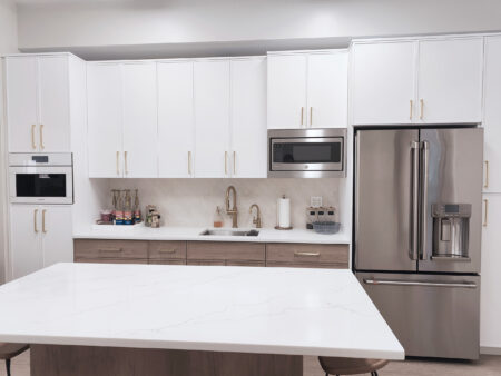 White Modern Kitchen, Gold Brass Hardware - View 25, Opens Model Box