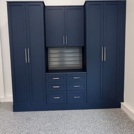 Garage Cabinets - Color Calm Sea - 90 Shaker Door - View 44, Opens Model Box