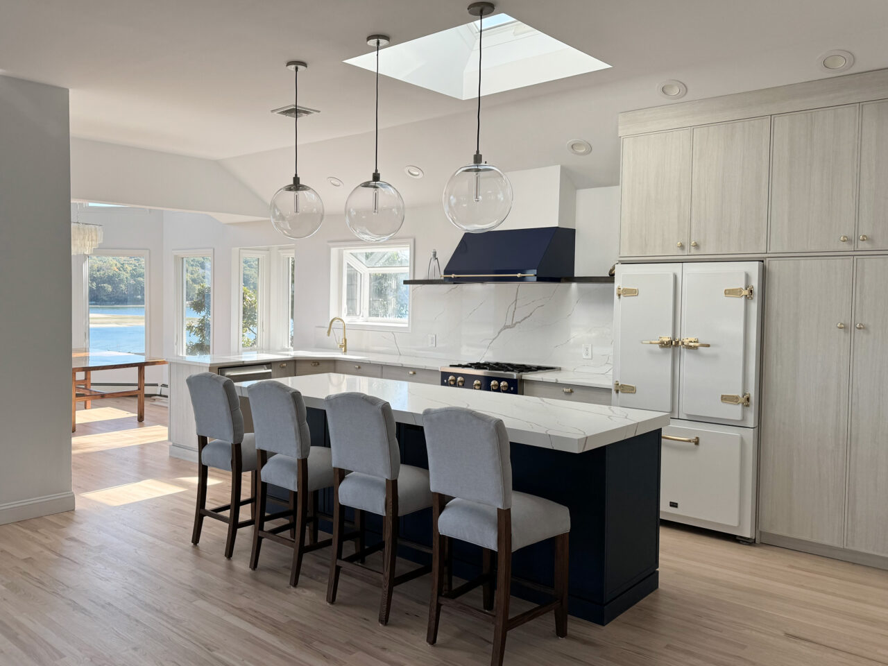 Calm Sea Blue Kitchen Island and Mastermind Color Kitchen Cabinets