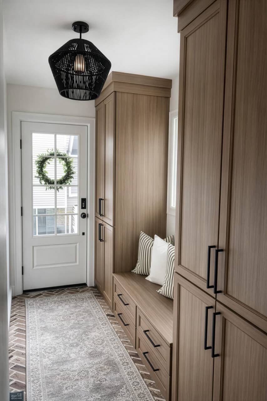 Wood Finish, Entryway Mudroom with Sitting Area