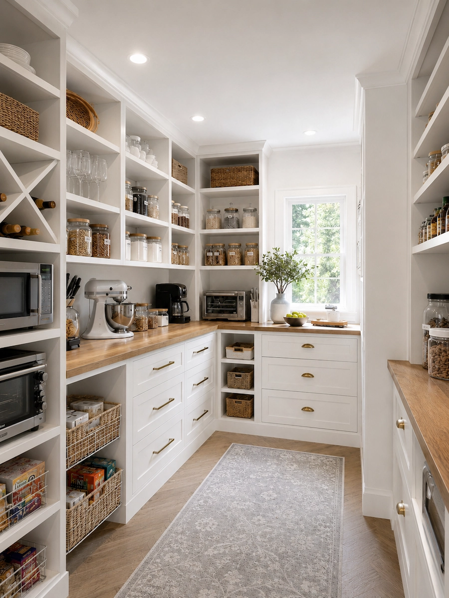 Bright white pantry with full-height shelving, drawers, appliance storage, jars, and natural light